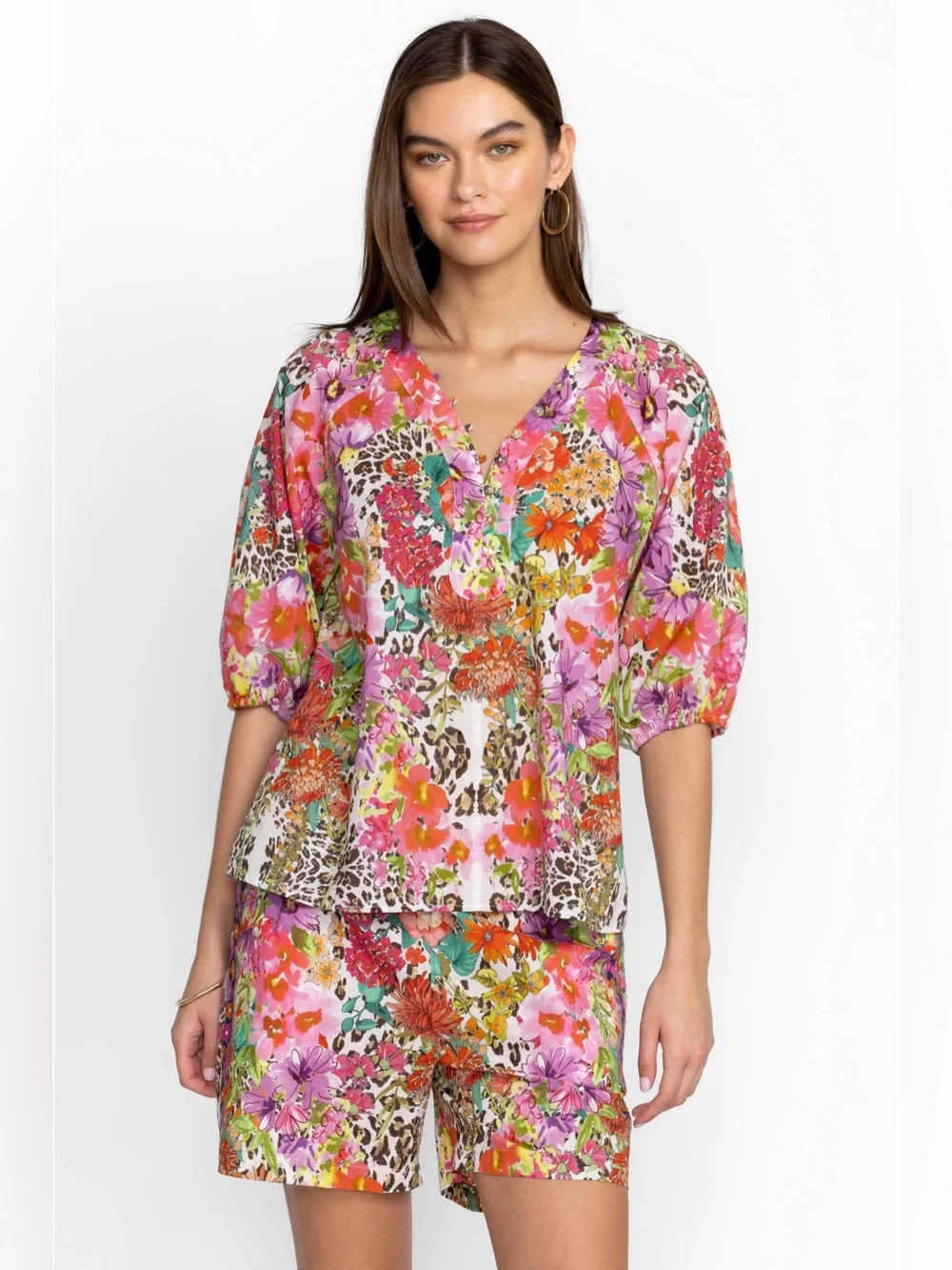 Johnny Was Two-Piece Set Puff Sleeve Top + Shorts 100% Cotton Wild Garden Floral